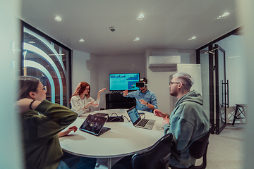 Image showing A diverse group of businessmen collaborates and tests a new virtual reality technology, wearing virtual glasses, showcasing innovation and creativity in their futuristic workspace