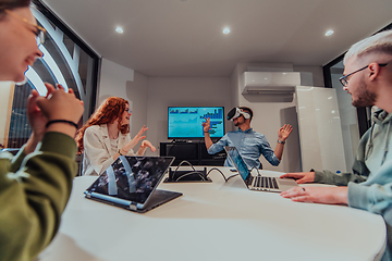 Image showing A diverse group of businessmen collaborates and tests a new virtual reality technology, wearing virtual glasses, showcasing innovation and creativity in their futuristic workspace