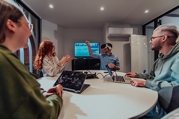 Image showing A diverse group of businessmen collaborates and tests a new virtual reality technology, wearing virtual glasses, showcasing innovation and creativity in their futuristic workspace