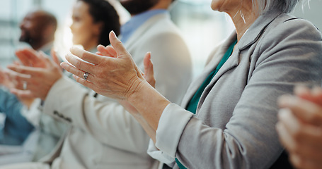 Image showing Business people, hands and applause at conference, workshop or convention with work audience. Crowd, employees and company workers with clapping for achievement of group together for presentation