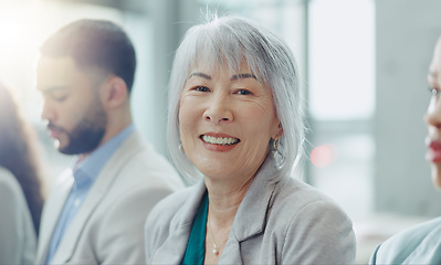 Image showing Portrait, group or Asian woman in workshop, business people or conference with planning, lens flare or smile. Face, senior person or employee in meeting, staff or consultant with coaching or seminar