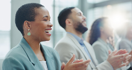Image showing Business woman, laughing and applause at conference, workshop or convention with work audience. Crowd, employees and company workers with clapping for achievement of group together for presentation