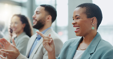 Image showing Business woman, laughing and applause at conference, workshop or convention with work audience. Crowd, employees and company workers with clapping for achievement of group together for presentation