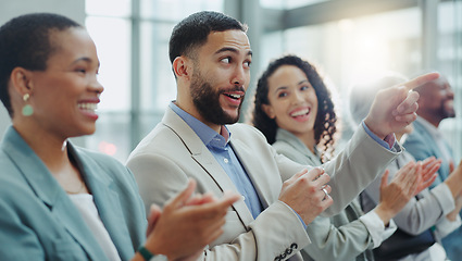 Image showing Clapping, business people and happy at a conference with teamwork and motivation in office. Discussion, staff cheer and collaboration with professional team at a seminar with workforce and solidarity