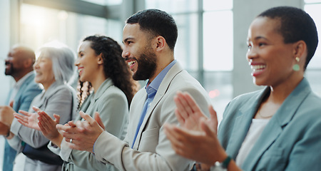 Image showing Business people, happy and team with applause in seminar, tradeshow and achievement of success, support and congratulations. Employees clapping to celebrate winner, workshop and award at conference