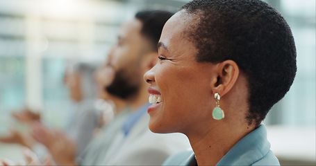 Image showing Happy business woman, team and workshop seminar in meeting or staff training together at office. Face of African female person, audience or employee smile in teamwork or group conference at workplace