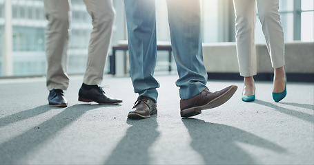 Image showing Business people, legs and team standing at office in meeting, interview or waiting room. Closeup of corporate employees, formal shoes or feet in teamwork for hiring, recruiting or growth at workplace