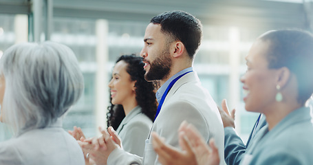 Image showing Business people, motivation and applause at conference, workshop or convention with work audience. Crowd, employees and company workers with clapping for achievement of group for presentation