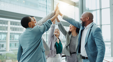 Image showing Celebration, business people and high five at a conference with teamwork and motivation in office. Discussion, staff and collaboration with professional team at a seminar with workforce and agreement