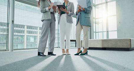 Image showing Business woman, tablet and legs in meeting, teamwork or documents for planning or strategy at office. Female person or group of employees with paperwork and technology in project plan at workplace