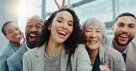 Image showing Happy business people, face and office selfie for photography, team building or social media. Group portrait of corporate employees smile for photograph, picture or memory in teamwork at workplace