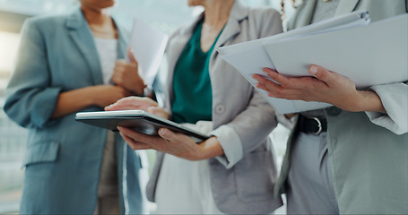 Image showing Documents, teamwork and business people hands with planning, meeting and paperwork review in office. Cooperation, workplace and professional team with conversation and collaboration with data