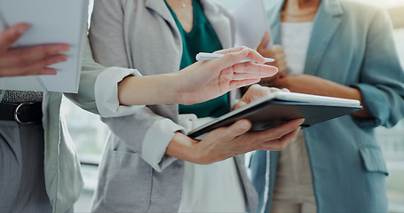 Image showing Documents, teamwork talk and business people hands with planning, meeting and paperwork review in office. Cooperation, workplace and professional team with conversation and collaboration or strategy