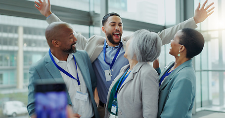 Image showing Celebration, business people and happy at a conference with teamwork and motivation in office. Discussion, staff and collaboration with professional team at a seminar with workforce and agreement