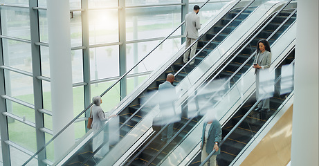Image showing Business people, elevator and travel with office and international trip with lens flare. Corporate, professional on escalator and appointment with conference, stairs for convention and executives