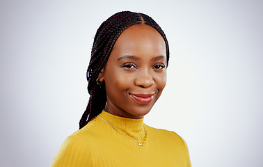 Image showing Woman, portrait or smile in studio as proud student or growth mindset for career by white background. Young, african person and face with happy for scholarship, university education and mock up space