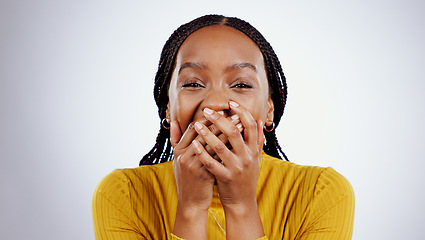 Image showing Portrait, surprise and black woman with news, announcement and reaction on a white studio background. Face, model and African person with emotion, gossip and deal with winner, expression and emoji