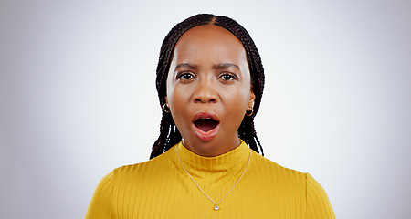 Image showing Portrait, surprise and black woman with gossip, announcement and reaction on white studio background. Face, model or African person with emotion, news and open mouth with winner, expression and emoji