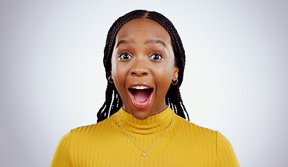 Image showing Woman, portrait and wow in studio for surprise, college discount and announcement of win by white background. Young student, african person and shocked face for savings, promotion and mock up space
