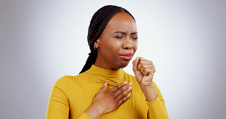 Image showing Woman, cough and chest pain or sick, studio and illness by gray background, allergies and virus. Black female person, pneumonia and infection on lungs, disease and bacteria or healthcare in mockup