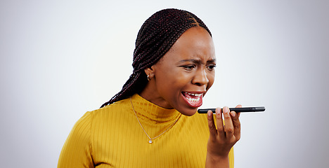 Image showing Phone, black woman and angry from scam conversation and anxiety from problem and fail. Studio, white background and frustrated female person with spam communication and identity theft mistake