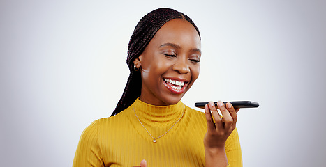 Image showing Phone call, loudspeaker or happy black woman in studio talking, gossip or chat on grey background. Voice app, record or African lady in conversation or speaking of good news, feedback or networking