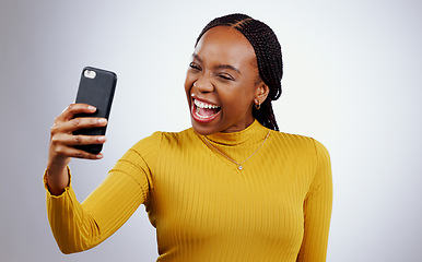 Image showing Happy woman, selfie or video call for social media, influencer content creation and online blog on a white background. African person with smile and excited for profile picture photography in studio