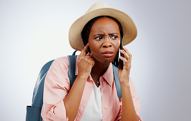 Image showing Phone call, travel and black woman with stress, confused or shocked on white studio background. African person, tourism or model with a cellphone, listening or news with reaction, doubt or frustrated