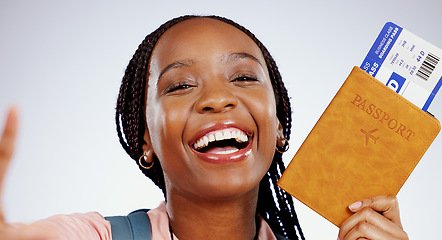 Image showing Woman, passport and portrait selfie for travel ticket, immigration and holiday on white background. Excited face of happy african person with ID documents, video call for vacation or flight in studio