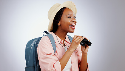 Image showing Black woman, travel and binoculars from holiday and backpack in a studio. Relax, hiking and smile with camping and excited with an African female person from Kenya with holiday and adventure freedom