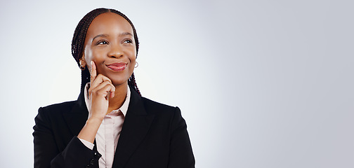 Image showing Business woman, thinking and happy for marketing solution, decision and planning in studio mockup or banner space. African worker search for inspiration, project ideas or choice on a white background