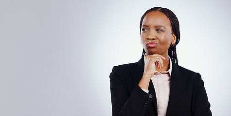 Image showing Business woman, thinking and confused for solution, decision and planning in studio mockup or marketing banner. African worker search for inspiration, doubt and problem solving on a white background