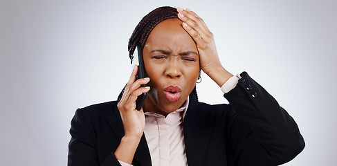 Image showing Phone, business woman and angry from scam conversation and anxiety from problem and fail. Studio, white background and frustrated female person with spam communication and identity theft mistake