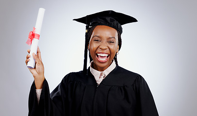 Image showing Graduation, woman and student certificate in education, college or university success on a white background. Excited portrait of african graduate with award, diploma or learning achievement in studio