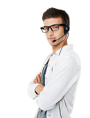 Image showing Portrait, man and headset for call centre in studio on white background for mockup in communication. Male agent, arms crossed and confidence with career, job or occupation in telemarketing for sale