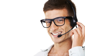 Image showing Man, smile and headset for telecommunication in studio for call centre mockup on white background in portrait. Male agent, glasses and happy for career, occupation or profession in customer service