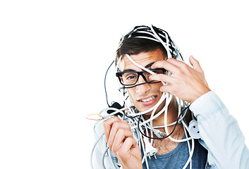 Image showing Portrait of man in glasses tangled in cables, wire and isolated on white background. Face of serious geek with cord, wiring and technology of nerd or electrician, mistake and problem on mockup space