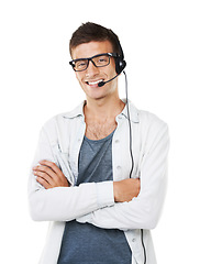 Image showing Portrait, call center and business man with arms crossed isolated on a white background. Face, happy sales agent and confident telemarketing consultant in headphones, crm or customer service in Spain