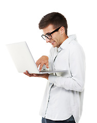 Image showing Geek, business man typing on laptop and isolated on a white background. Nerd in glasses on computer, digital technology and funny IT programmer coding, writing email online and research on internet