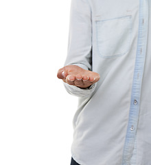 Image showing Closeup, hand and presentation in studio for mockup of offer, announcement or deal on white background. Person, alone and gesture for advertising in marketing of choice, decision or option in space