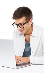 Image showing Geek, business man typing on laptop at desk or coding software isolated on a white background. Happy nerd in glasses on computer at table, technology or IT programmer writing email or database info