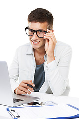 Image showing Portrait, business man with glasses and laptop at table isolated on a white background. Face, smile and geek at desk on computer, digital technology and IT programmer, coding and software in Canada