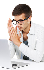 Image showing Serious, thinking business man on laptop at desk and geek coding software isolated on white background. Nerd on computer, IT programmer problem solving or reading email, decision making or planning