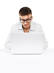 Image showing Nerd, business man on laptop at desk and coding software isolated on a white background. Geek in glasses typing on computer at table, technology or IT programmer writing email online on mockup space