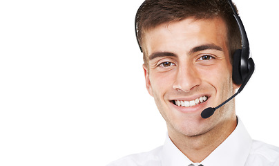 Image showing Call center, portrait and smile of man with space for customer service, CRM questions and mockup on white background. Face of happy telemarketing salesman, consultant and microphone in studio for IT