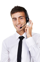 Image showing Man, hand and headset for call centre in studio on white background for mockup in telecommunication. Portrait, male agent or consultant for customer care with sales, feedback and consumer reviews