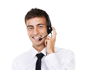 Image showing Call center, happy portrait or man in studio for customer support, CRM contact or advisory mockup space on white background. Telemarketing salesman, consultant or microphone to help with IT questions