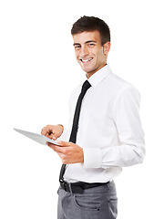 Image showing Business, portrait or happy man with tablet in studio to research stock market information, update software or online trading on white background. Trader, salesman or scroll on digital app for stocks