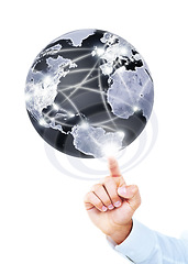 Image showing Hand, world and globe with hologram, business and development with international supply chain, connection and internet. Person, model or worker with earth and holographic on a white studio background