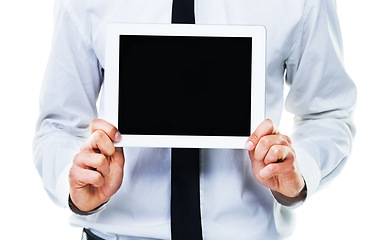 Image showing Closeup, hands and showing of tablet screen in studio for social media mockup on white background. Businessman, hold and technology for announcement, deal or offer on website, homepage or internet